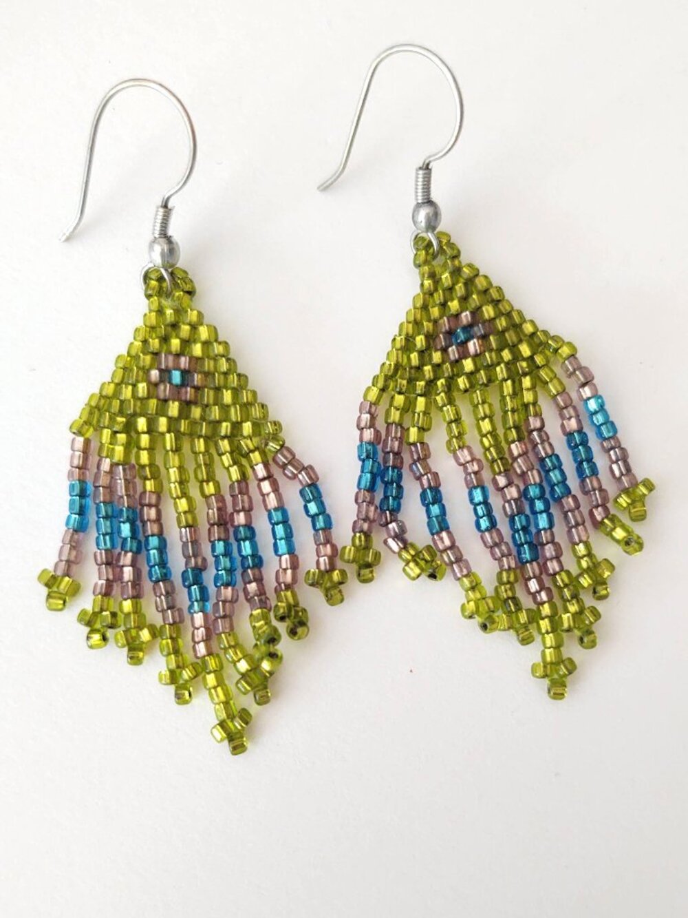 Green, pink and blue seed bead earrings